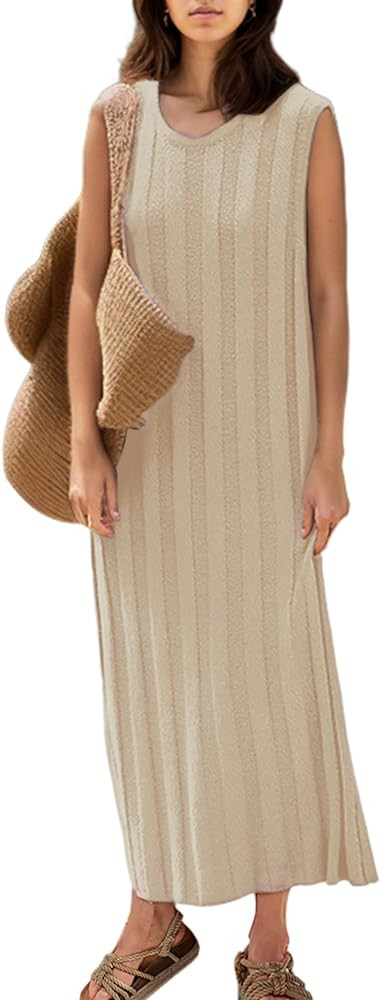 SAFRISIOR Women Sleeveless Sweater Midi Dress Scoop Neck Loose Fit Knitted Dress Solid Casual Tan... | Amazon (US)