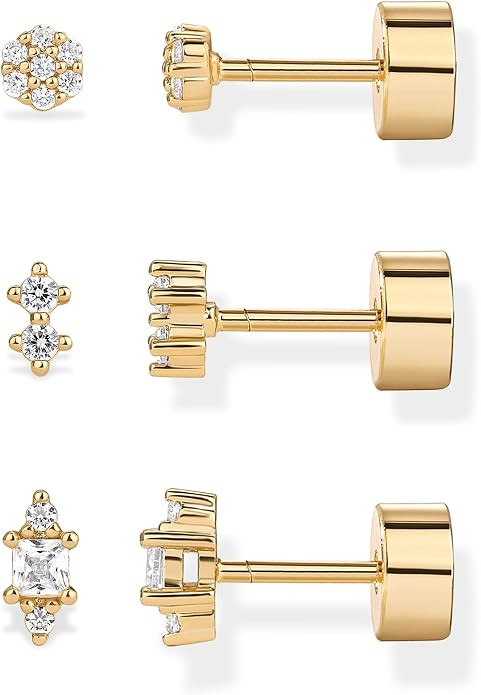 PAVOI 14K Gold Plated Sterling Silver Posts Dainty Mini Multi-Shape Flat Back Stud Earring Pack f... | Amazon (US)