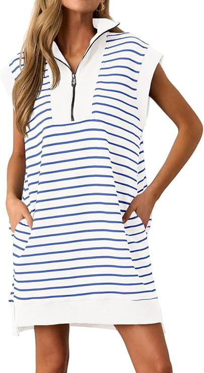 Wenrine Womens Striped Mini Dress Casual Zipper Cap Sleeve Collared V Neck Loose Knit Summer Dres... | Amazon (US)