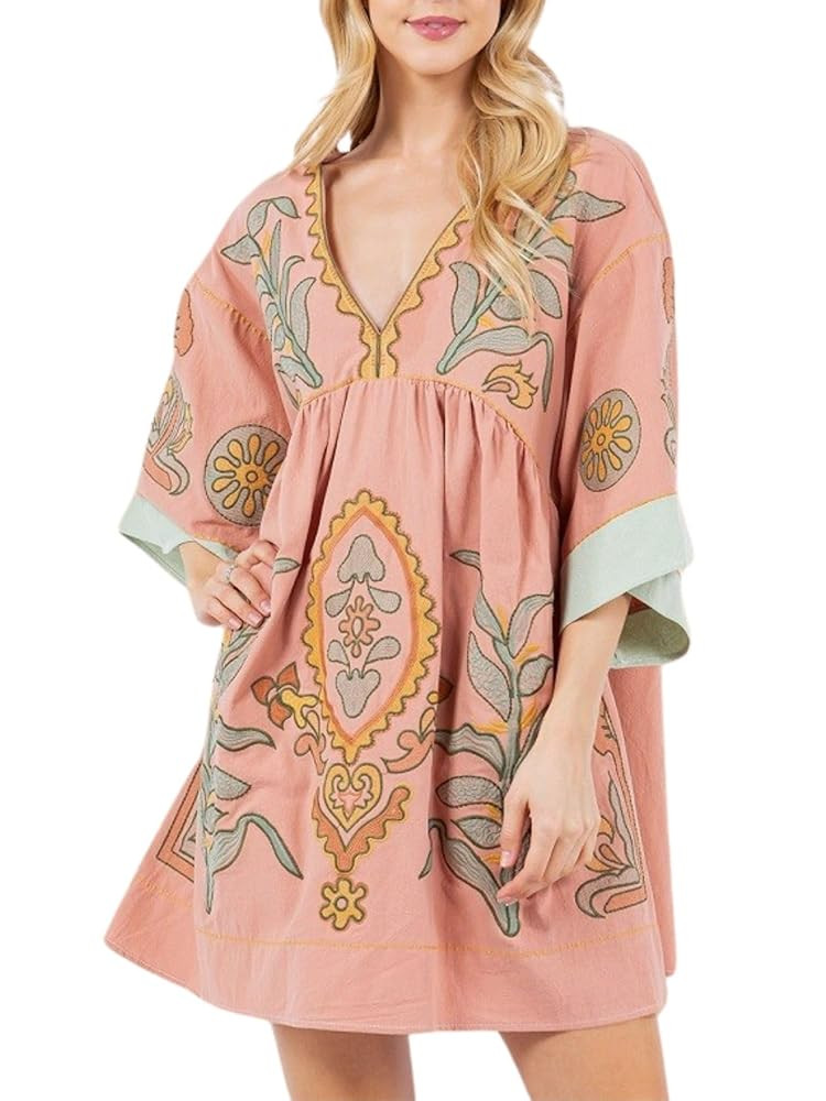 Womens Oversized Embroidered Dress with V-Neck and 3/4 Sleeves Vintage Embroidery Babydoll Dress | Amazon (US)