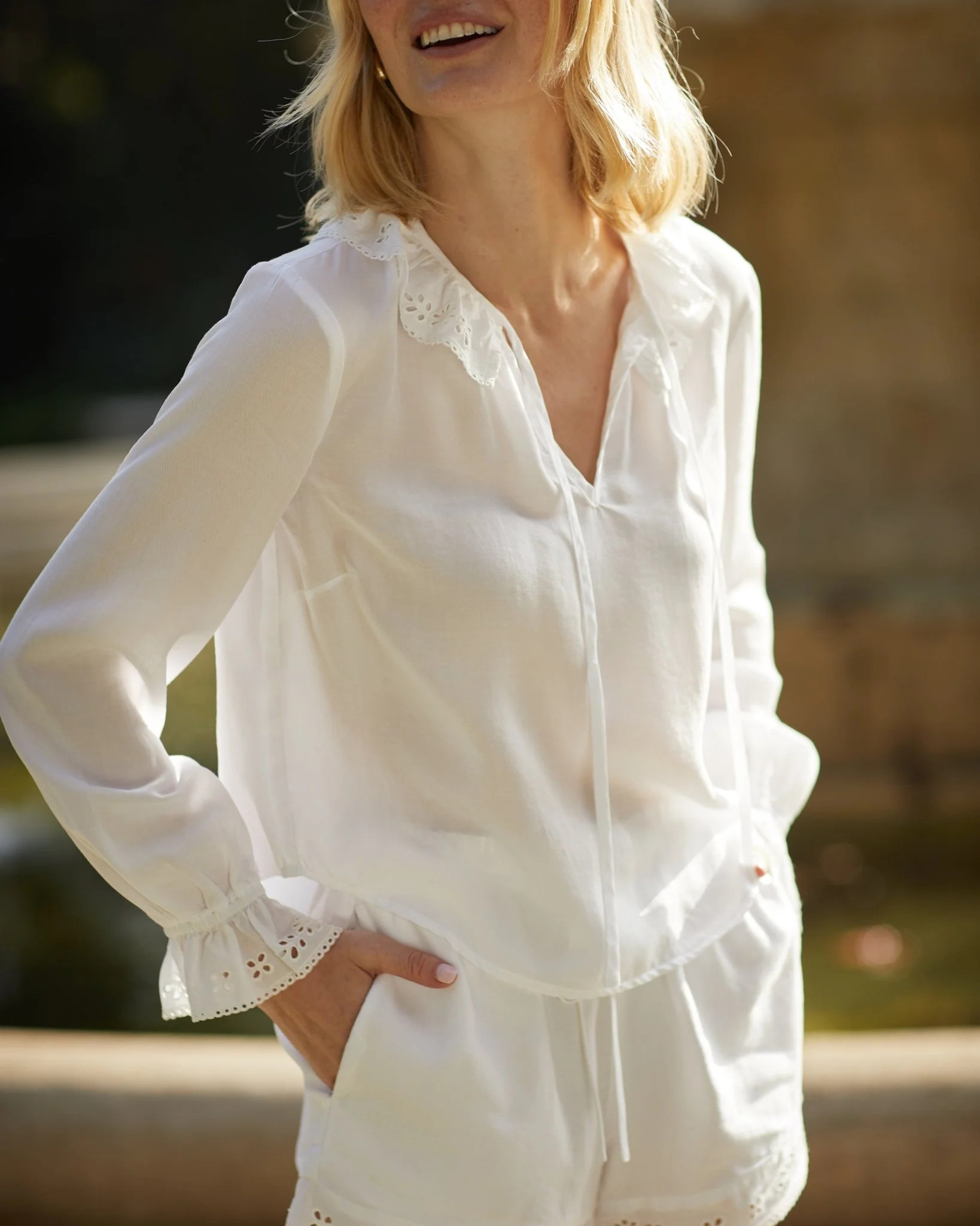 Long Sleeve Tie Neck Ruffle Top - White | Bella Dahl