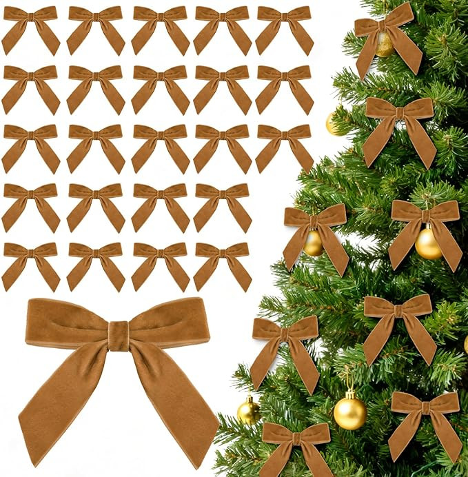 24Pcs Vintage Velvet Ribbon Bows for Christmas Tree - 3.5'' Brown Christmas Ornaments/Decorations... | Amazon (US)