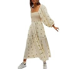 Chloefairy Women's Flower Embroidered Maxi Dress Lantern Sleeve Square Neck Tiered Flowy Spring F... | Amazon (US)