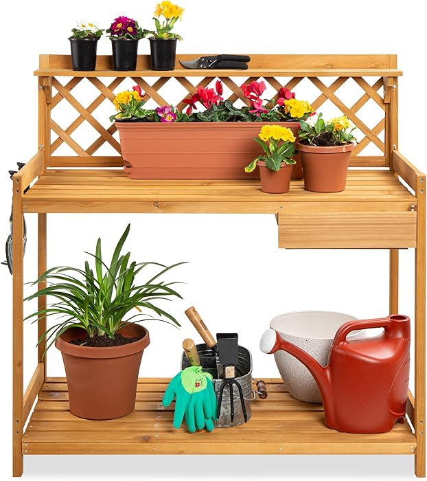 Outdoor Garden Potting Bench, Wooden Workstation Table w/Cabinet Drawer, Open Shelf, Lower Storag... | Amazon (US)