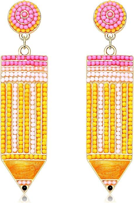 Teacher Earrings Beaded Pencil Earrings for Women Handmade Beaded Dangle Drop Earrings Back To Sc... | Amazon (US)