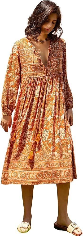 R.Vivimos Women's Long Sleeve Floral Print Retro V Neck Tassel Bohemian Midi Dresses | Amazon (US)