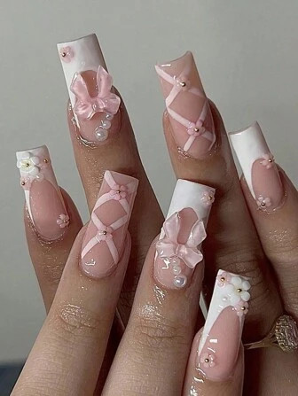 24pcs High-Quality European And American Style Full Diamond Ballet Nail Set + 1pc Jelly Gel + 1pc... | SHEIN