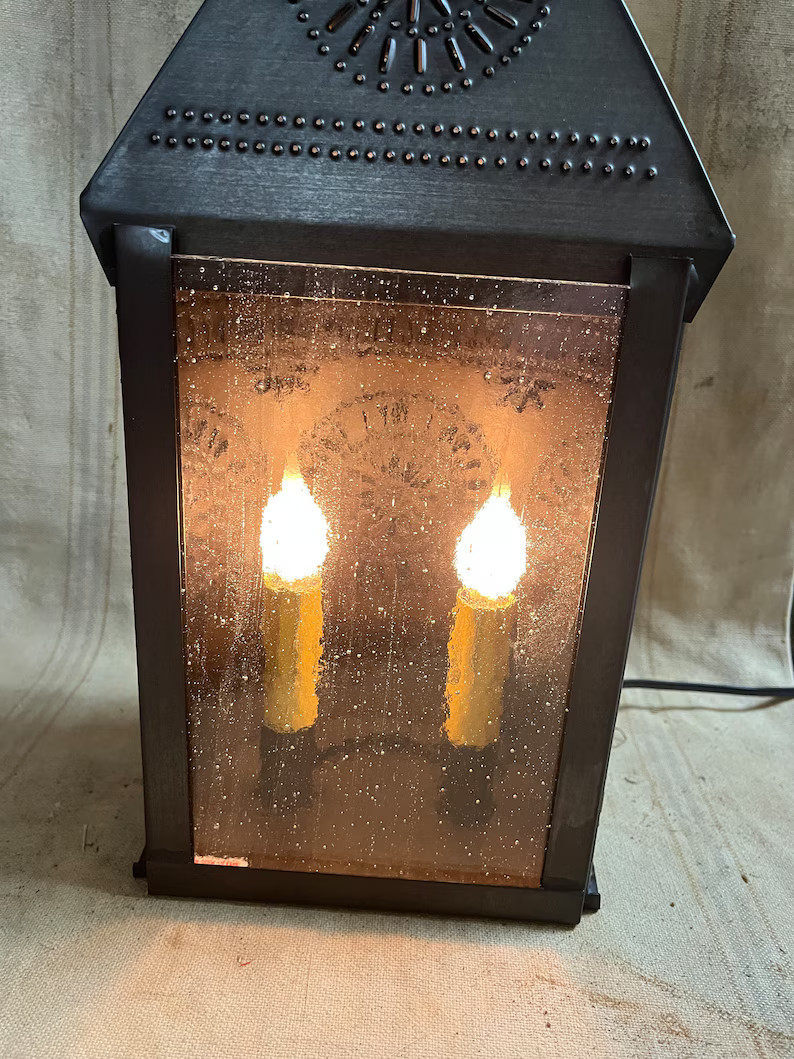 Primitive Punch Tin Hospitality Lantern with Glass 20x8 Electric Tin | Etsy (Global)
