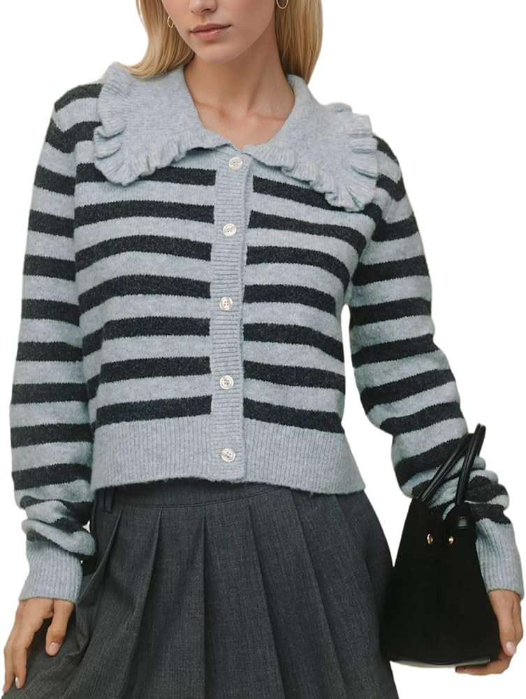 Womens Ruffle Collar Cardigan Sweater Button Up Open Front Fall Knit Jackets Cute Long Sleeve But... | Amazon (US)