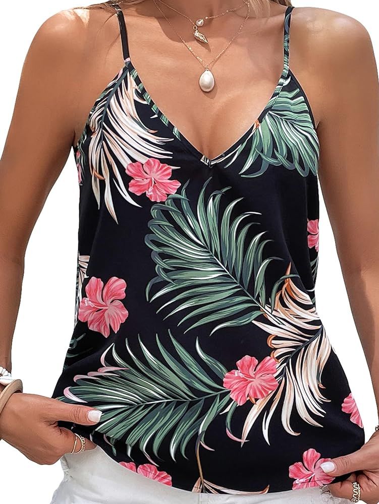 SweatyRocks Women's V Neck Floral Print Cami Tank Top Sleeveless Blouse Shirt | Amazon (US)