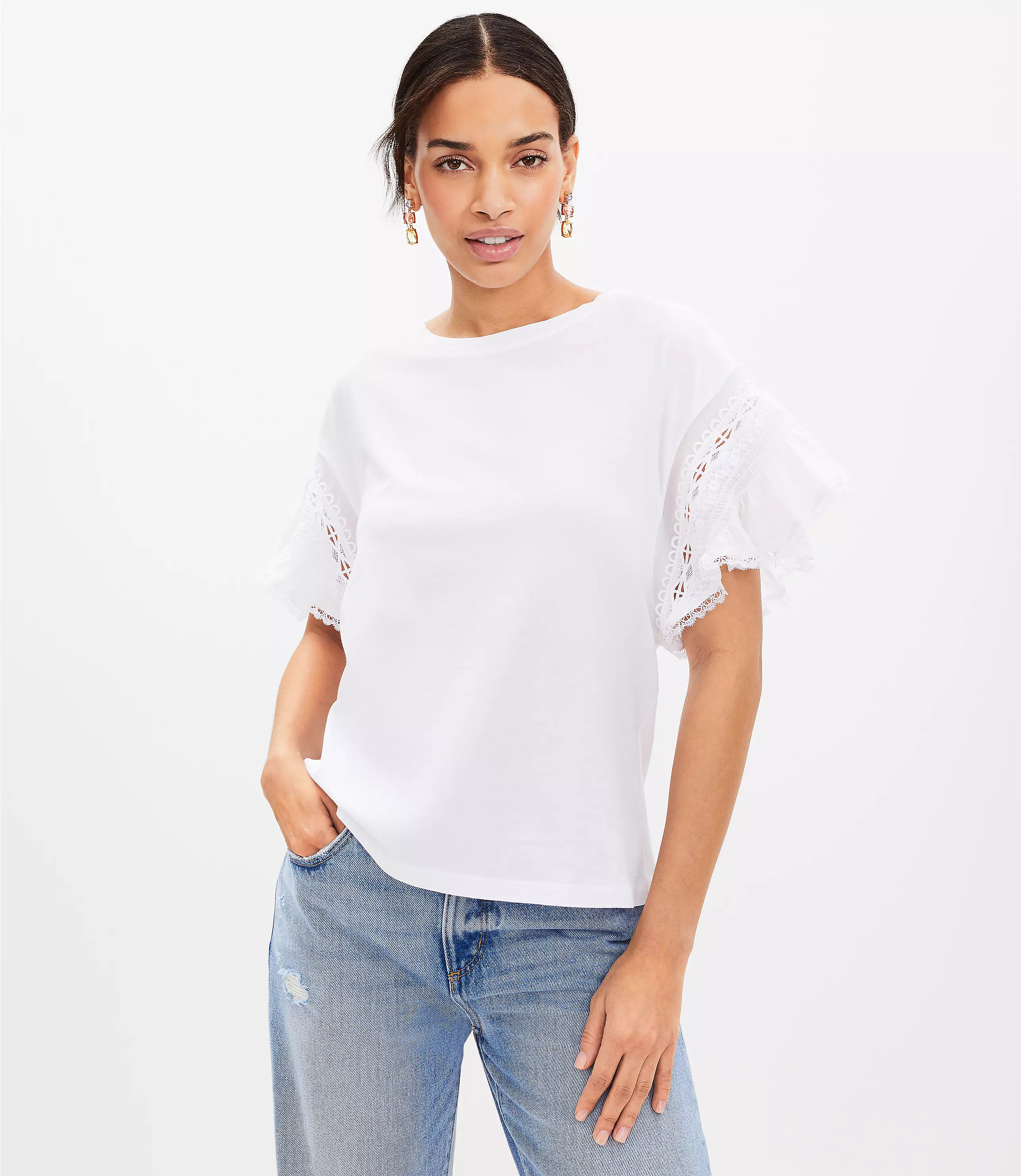 Lace Ruffle Sleeve Mixed Media Top | LOFT