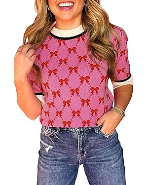 Ecosunny Women's Casual Round Neck Short Sleeve Shirts Bow Print Sweater Loose Tunic Blouses Tops | Amazon (US)
