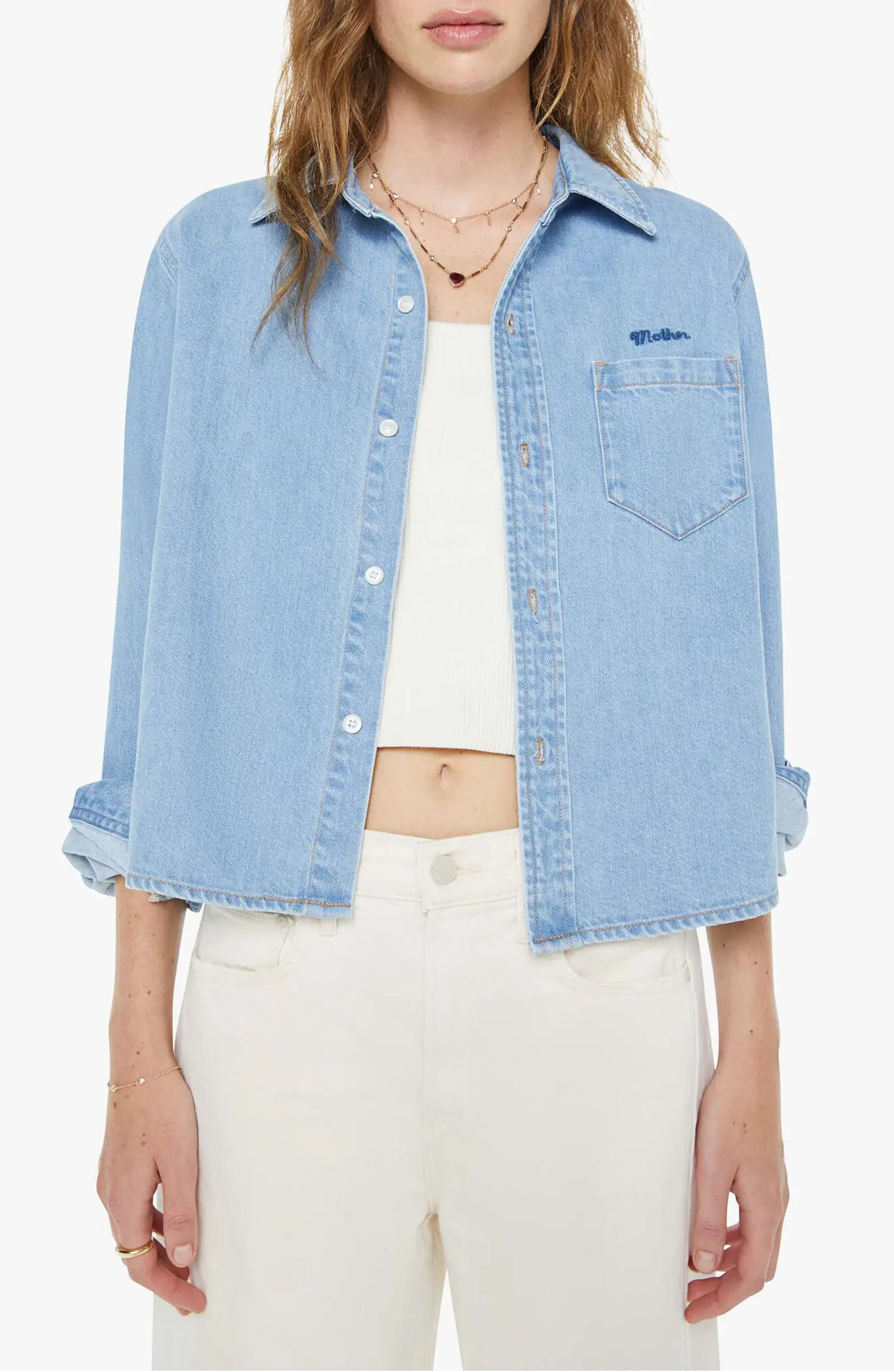 MOTHER The Honor Roll Logo Embroidered Denim Crop Button-Up Shirt | Nordstrom | Nordstrom