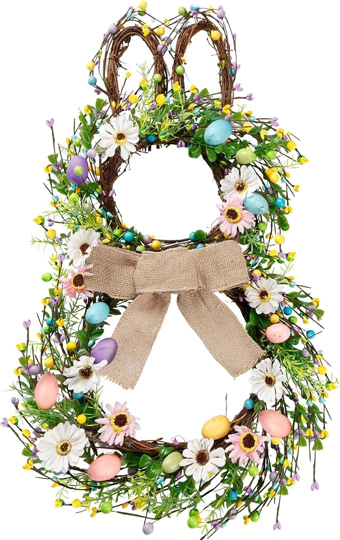 Sggvecsy 25 Inch Easter Bunny Wreath Spring Wreath Bunny Shaped Artificial Flower Wreath with Col... | Amazon (US)