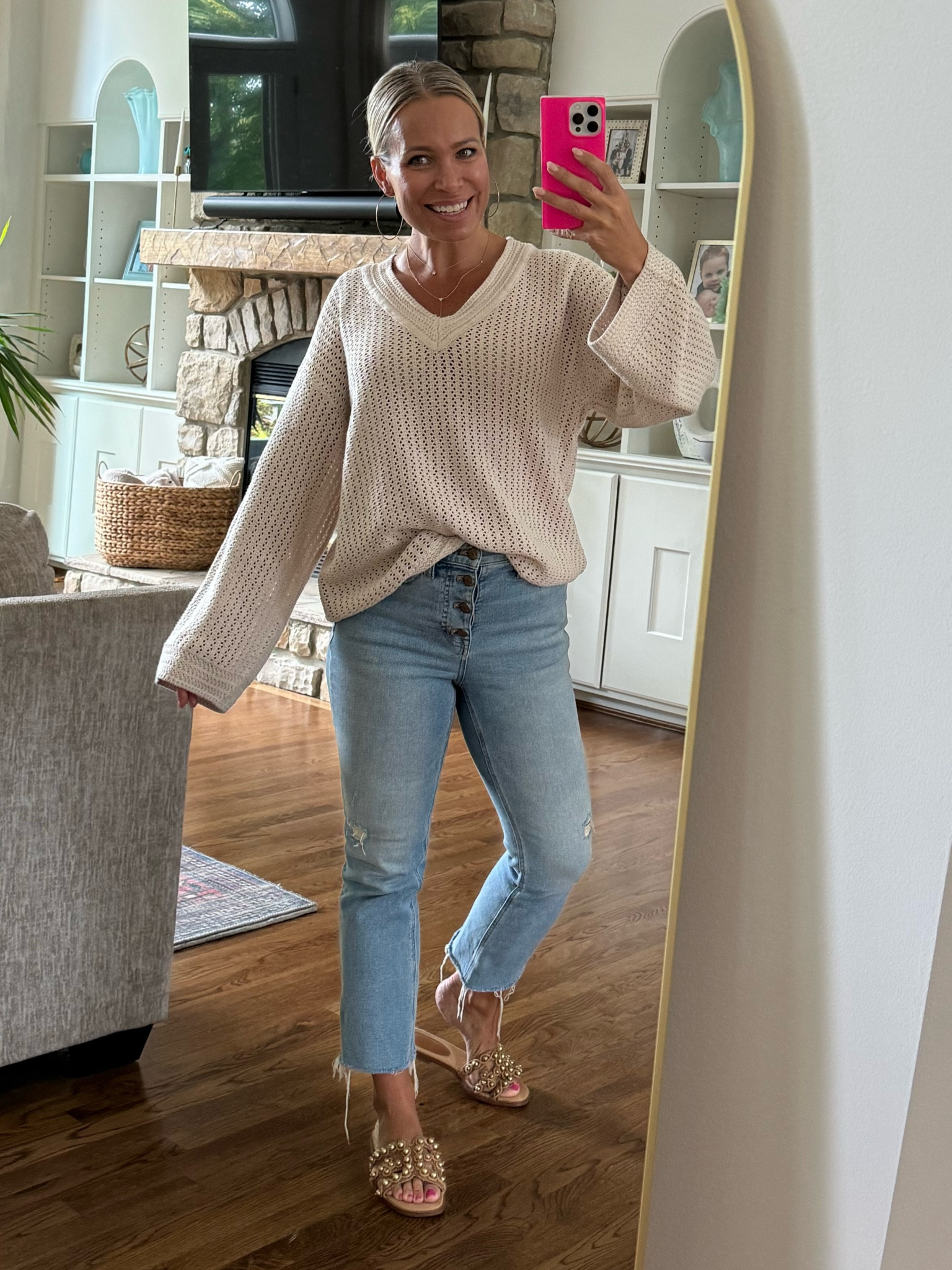 Had a little cool down this week and I won’t lie, I love fall and fall fashion!  I also love a good transition piece and this open weave sweater will be my go-to as the days get cooler! 