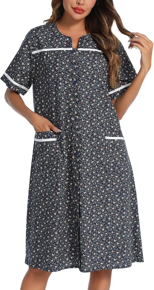 YOZLY House Dress Womens Embroidered Housecoat Short Sleeve Duster Robe with Front Pockets | Amazon (US)