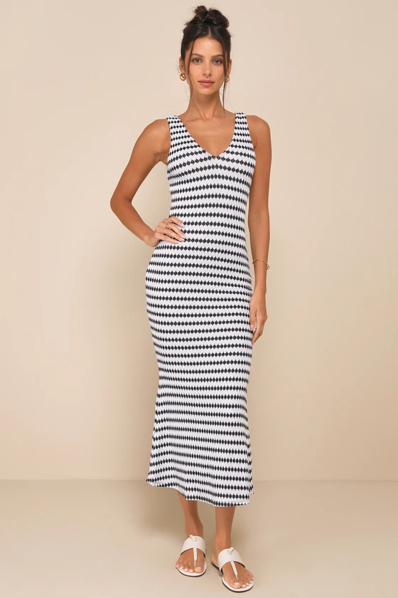 Modern Delight Grey and Navy Diamond Pattern Knit Midi Dress | Lulus