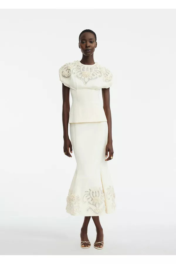 Cord Embroidered Stretch Cotton Bubble Sleeve Top by Lela Rose | The Mile