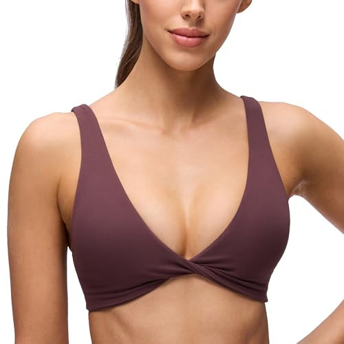 CRZ YOGA Butterluxe Front Twist Deep V Neck Sports Bras for Women - Wide Straps Padded U Back Yoga Crop Top Ripe Plum Medium | Amazon (US)