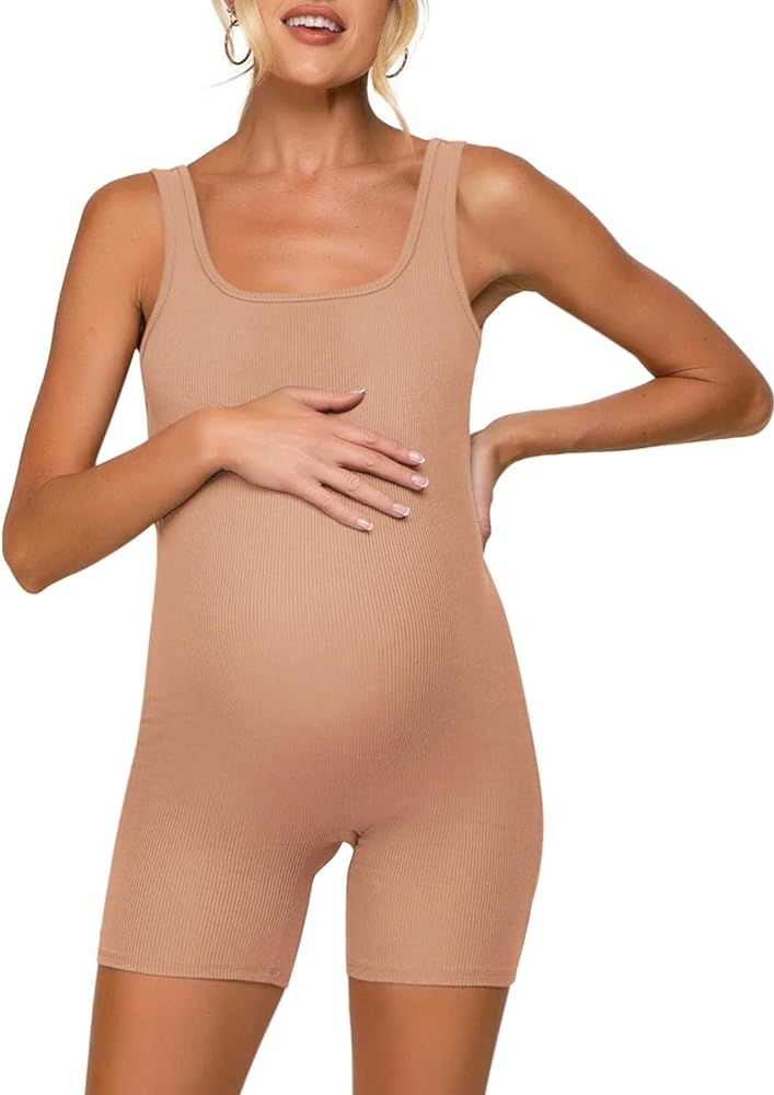 FMEYOA Maternity Bodysuit Pregnancy Shapewear Ribbed Square Neck Sleeveless Tank Top Shorts Rompe... | Amazon (US)