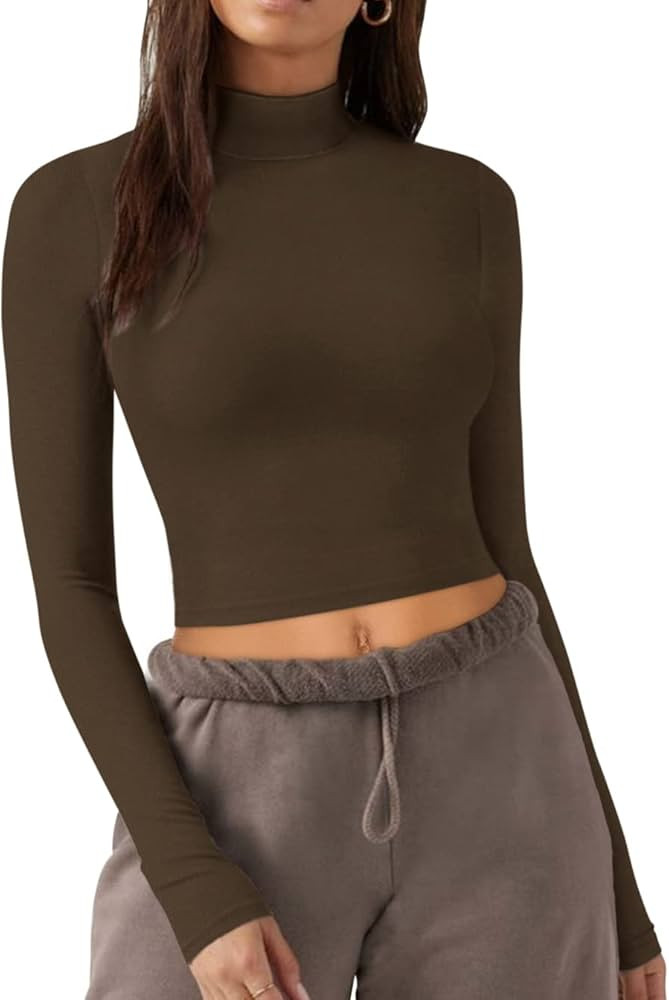 REORIA Women's Cute Mock Turtleneck Long Sleeve Ribbed Tight Tshirts Crop Tops | Amazon (US)