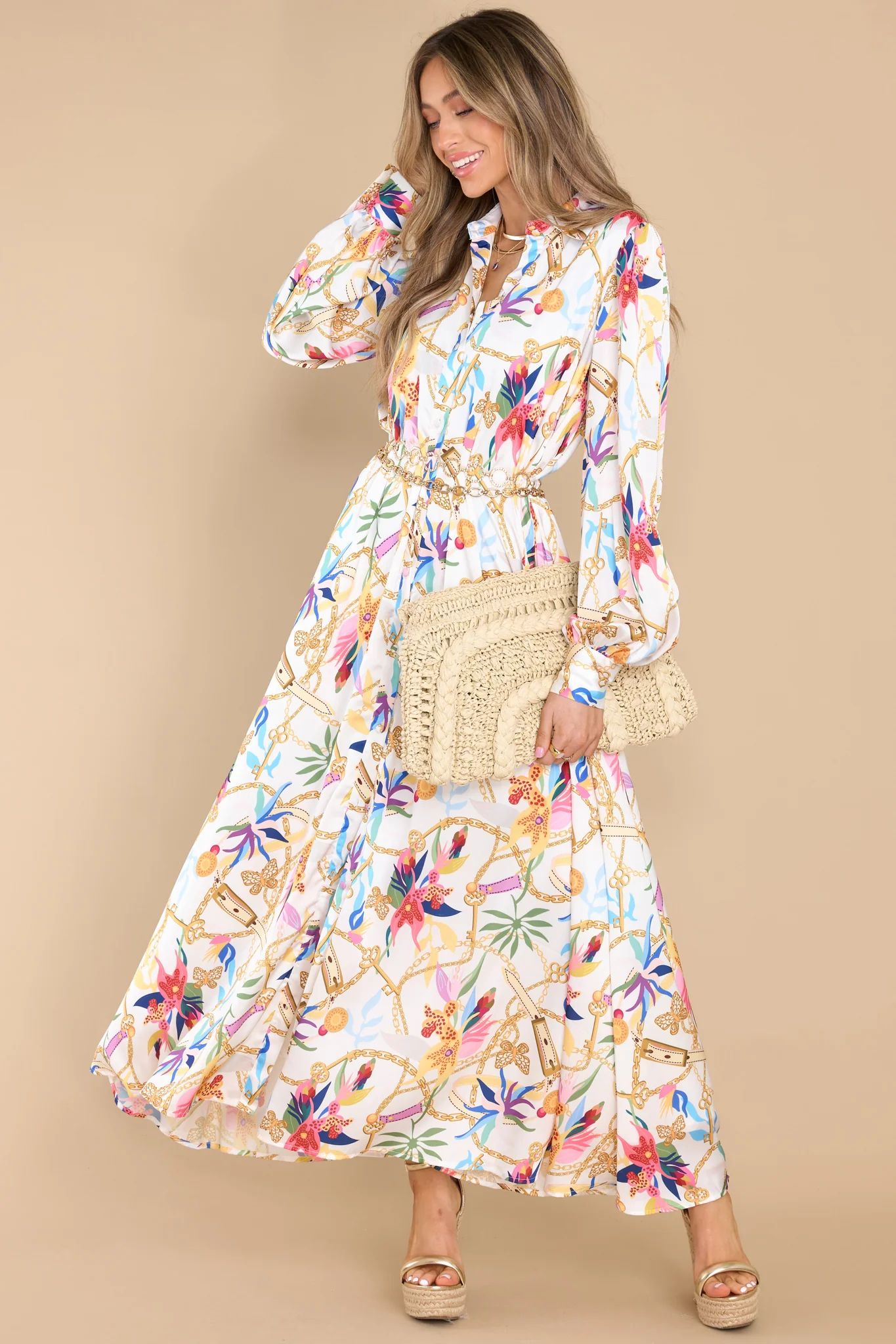 Aura Once Upon A Dream Ivory Multi Print Maxi Dress | Red Dress 