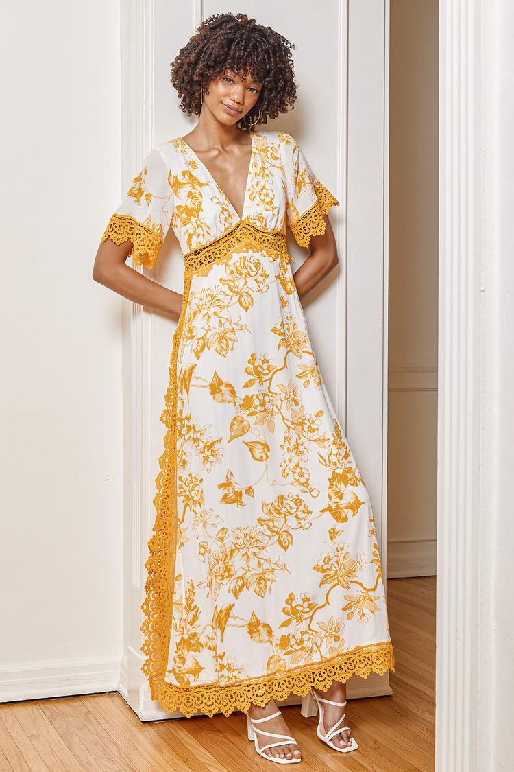 Sweeten the Occasion Yellow Floral Lace Short Sleeve Maxi Dress | Lulus (US)