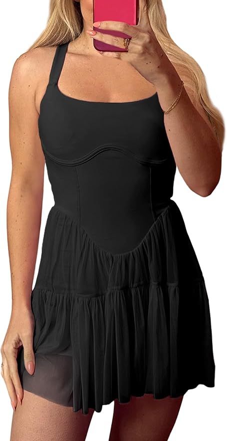 UANEO Women Summer Mini Dress Sleeveless Athletic Tennis Dresses Workout Romper Sundress with Bui... | Amazon (US)