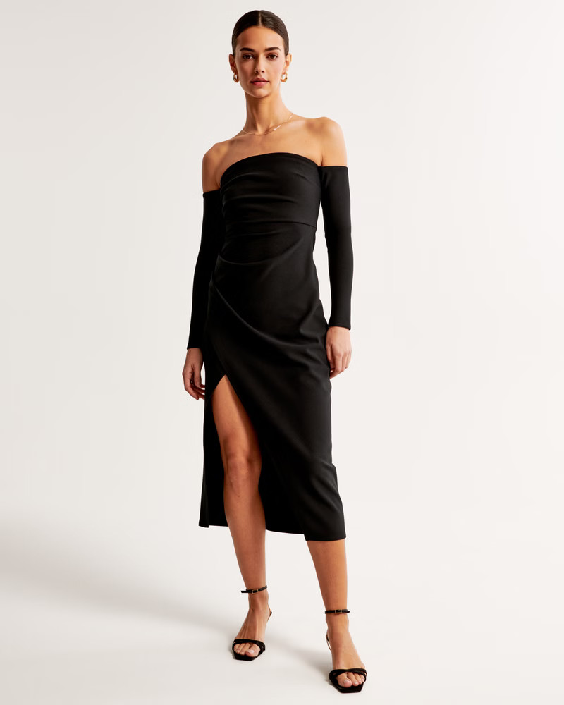 Long-Sleeve Off-the-Shoulder Crepe Midi Dress | Abercrombie & Fitch (US)