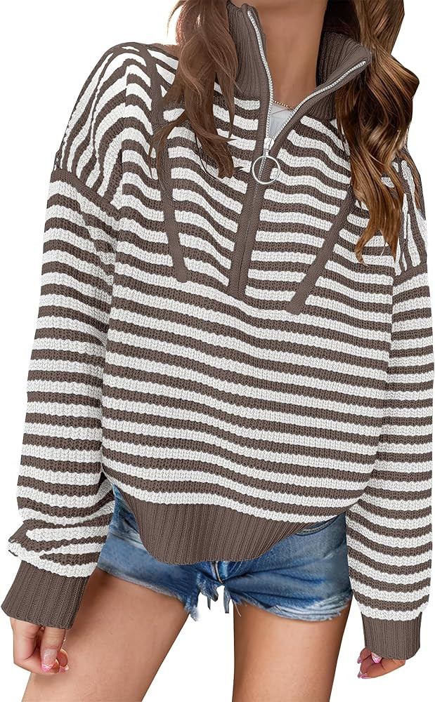 ANRABESS Sweaters for Women Striped Half Zip Long Sleeve Ribbed Knit Pullover Comfy Casual Lightw... | Amazon (US)