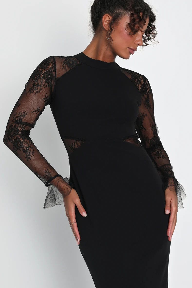 Bragging Rights Black Lace Long Sleeve Column Maxi Dress | Winter Wedding Guest  | Lulus (US)