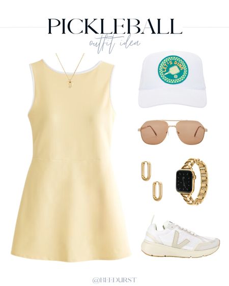Pickle ball outfit idea, tennis outfit idea, active outfit idea, errands outfit idea, athleisure outfit idea, workout dress, active dress, exercise dress, butter yellow dress, pickle ball dress, tennis dress, Veja sneakers, cute sneakers, tennis shoes, pickle ball hat, embroidered hat, white hat, aviator sunglasses, trendy sunglasses, huggie hoops, paperclip hoops, Apple Watch band, gold Apple Watch band 

#LTKActive #LTKFitness #LTKShoeCrush