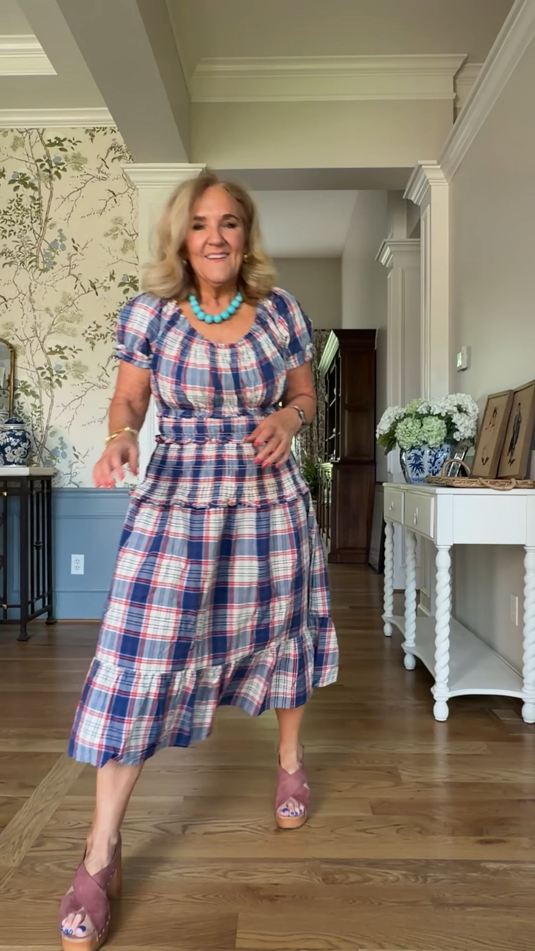 Walmart flips and no flops 
Dress size medium lightweight plaid very soft cotton this will be perfect at spring and summer bbqs

All true to size! White jeans are a rigid denim I’m wearing an 8. If between you could size up  

#LTKWorkwear #LTKOver40

#LTKSeasonal #LTKPetite