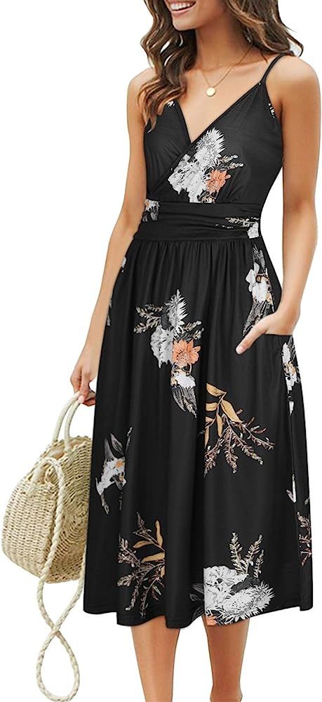 OUGES Women's Summer Spaghetti Strap V-Neck Floral Midi Casual Dress with Pockets(Floral03-452,XL... | Amazon (US)