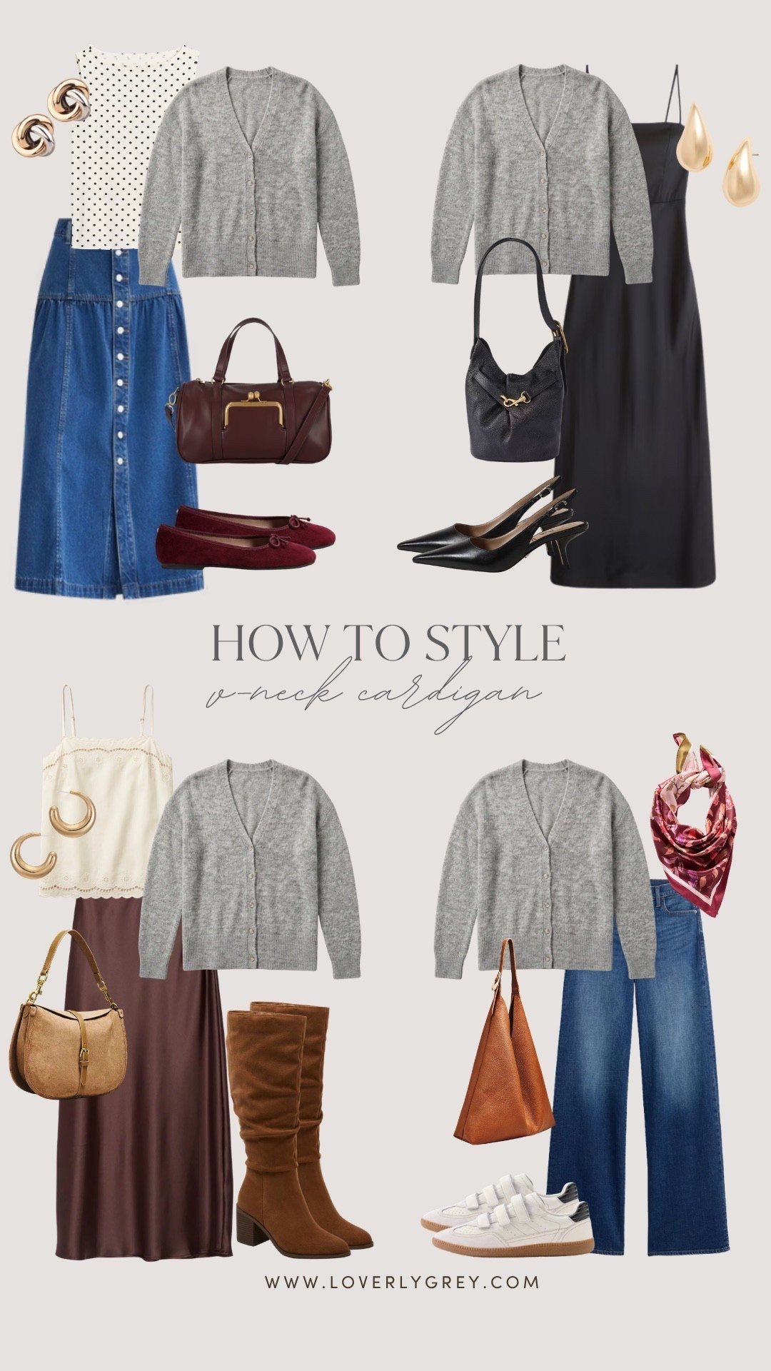 4 easy ways to style this classic cardigan for fall! Love how versatile it is with casual denim to dresses & skirts.

Loverly Grey, Target, Target style, cardigan outfit, cardigan styling, fall outfits, fall outfit ideas, capsule wardrobe, denim skirt, satin skirt, fall boots, ballet flats, sneakers, everyday style