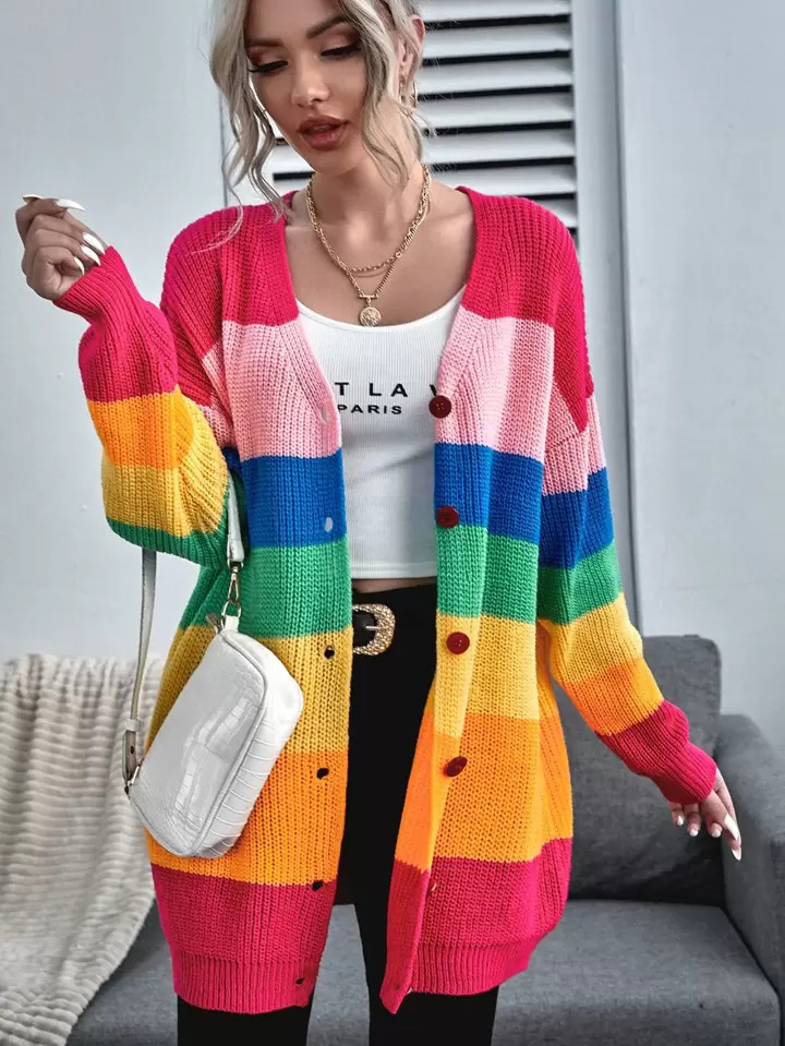 SHEIN Essnce Button Front Drop Shoulder Rainbow Stripe Cardigan | SHEIN