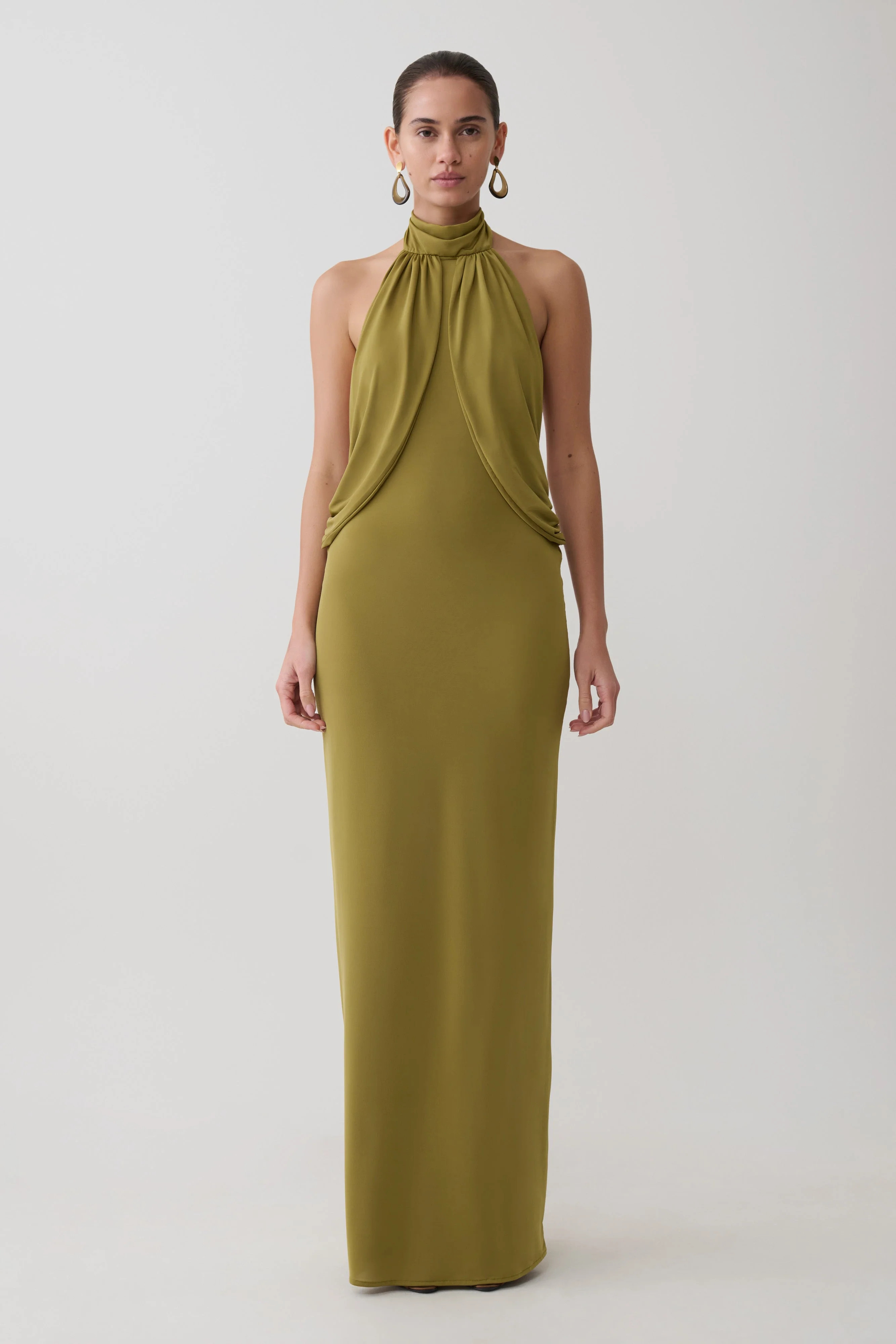 Joan Halter Neck Slinky Maxi Dress - Martini Olive | MESHKI US