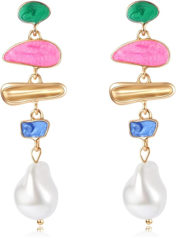 Pearl Dangle Earring for Women Girl, Irregular Colorful Oil Baroque Design, Culture Style AAAA Cu... | Amazon (US)