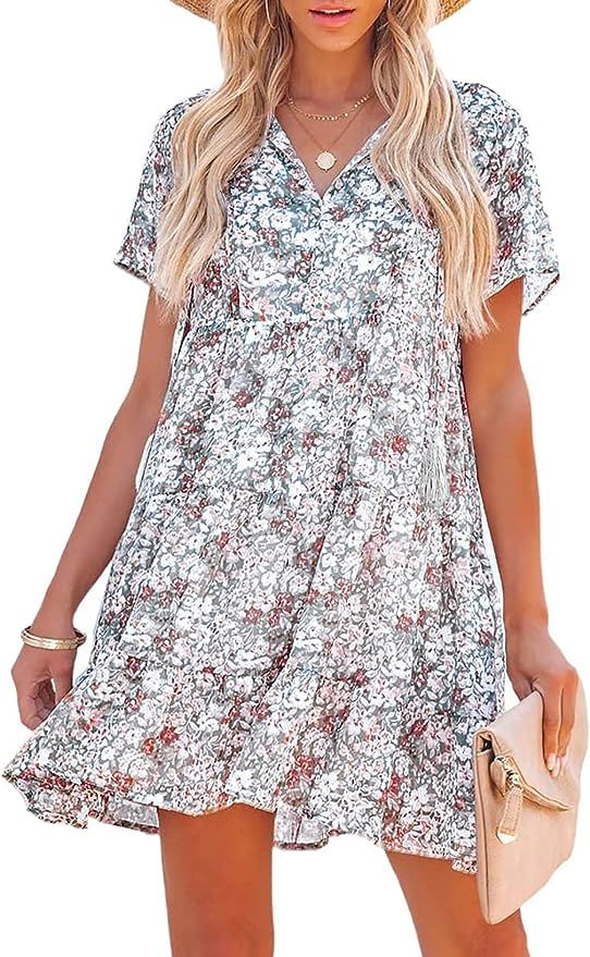 SHEWIN Women's Summer Boho Floral Dresses Casual V Neck Short Sleeve Ruffle Hem A-Line Mini Dress | Amazon (US)