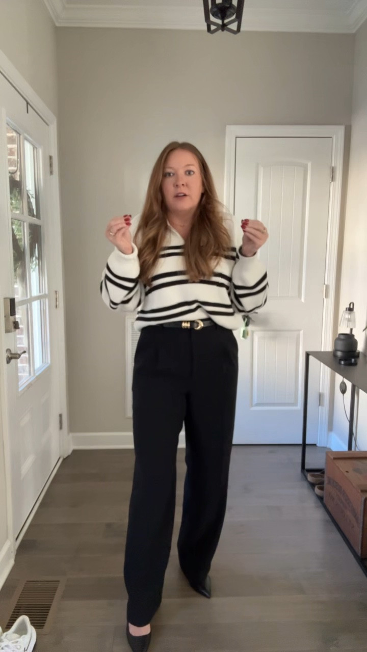 White half zip striped sweater / tts wearing a medium
Wide leg trouser / effortless pant / I sized up one to a 10
Black leather sling back pumps / tts

#LTKootd #LTKWorkwear #LTKFindsUnder100