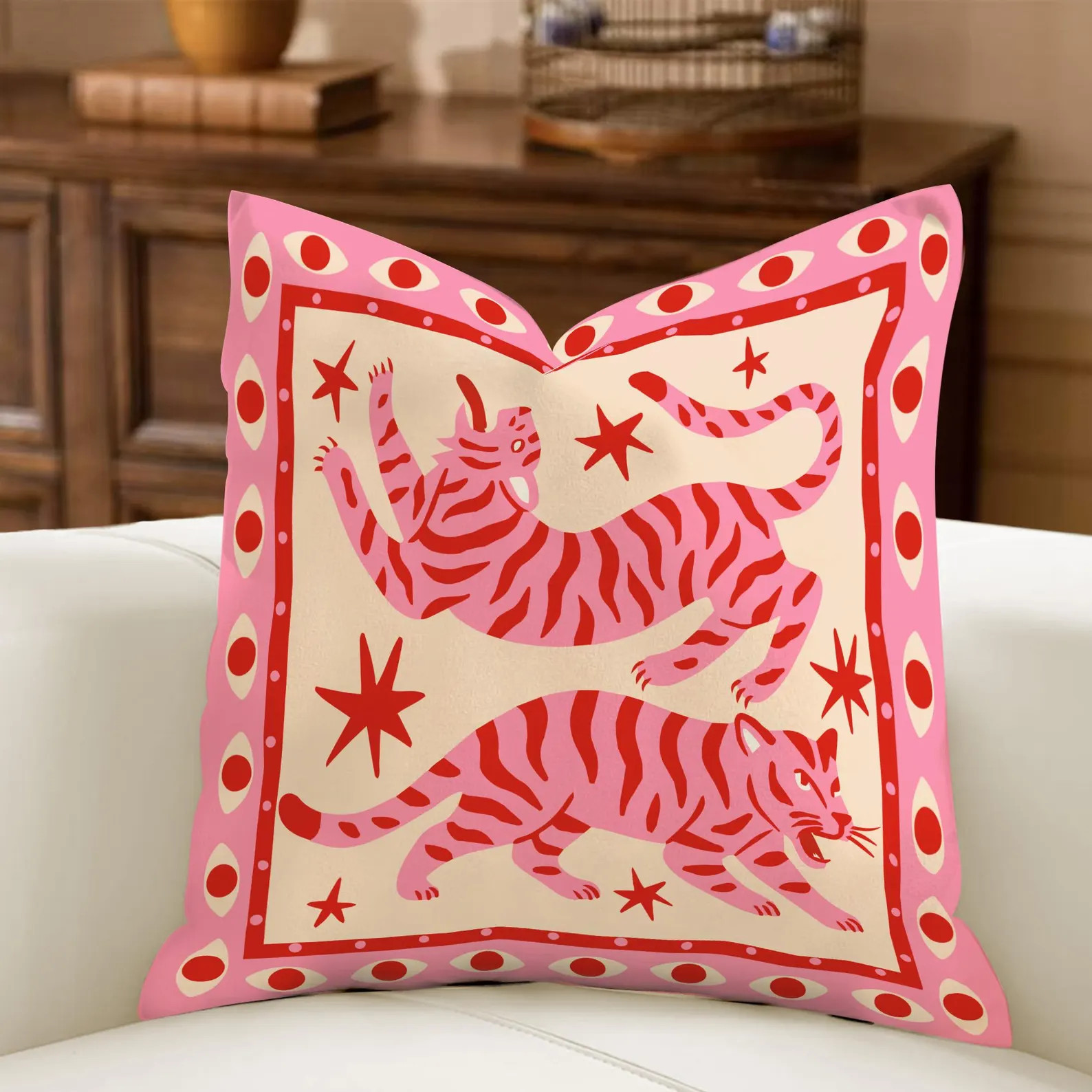 Vibrant Folk Art Pillow Collection, Maximalist Throw Pillow, Groovy Tiger Sun Snake Art, Eclectic... | Etsy (US)