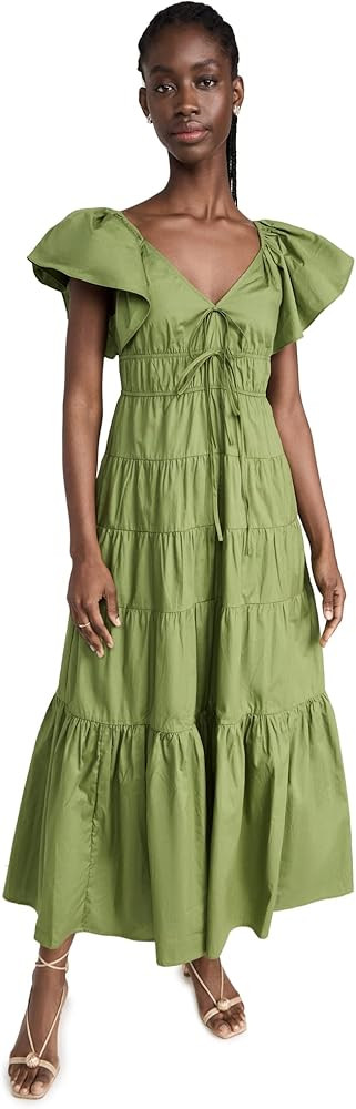 MOON RIVER Women's V-Neck Tie Front Shirred Tiered Ruffle Midi Dress | Amazon (US)