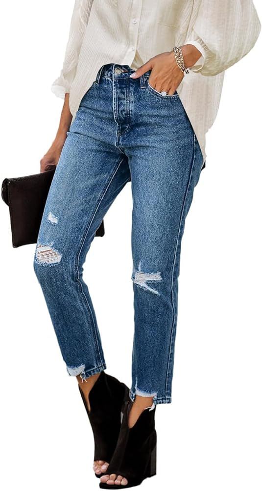 HETIPR Women's Ripped Boyfriend Jeans Mid Rise Loose Fit Distressed Stretchy Denim Pants | Amazon (US)
