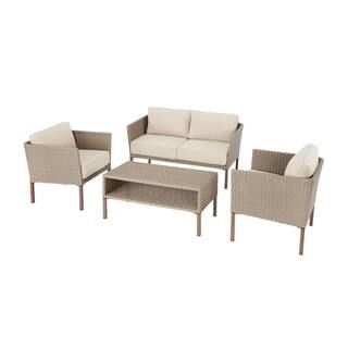 Hampton Bay Oakshire 4-Piece Wicker Outdoor Deep Seating Set with Tan Cushions-629 - The Home Dep... | The Home Depot
