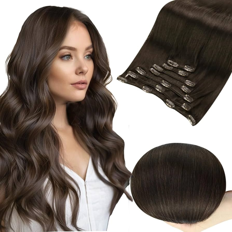 Full Shine Dark Brown Clip in Hair Extensions Real Human Hair Long Double Weft Human Hair Clip in... | Amazon (US)
