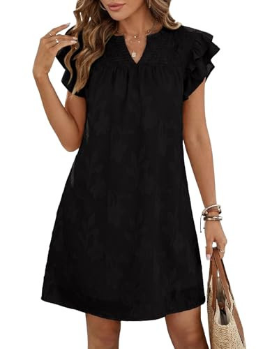 Dokotoo Womens Summer Dresses 2026 Ruffle Short Sleeve V Neck Smocked Floral Burnout Mini Dress Sundress Elegant Casual Easter Dress Boho Beach Vacation Outfits for Women Sun Dress Black Large | Amazon (US)