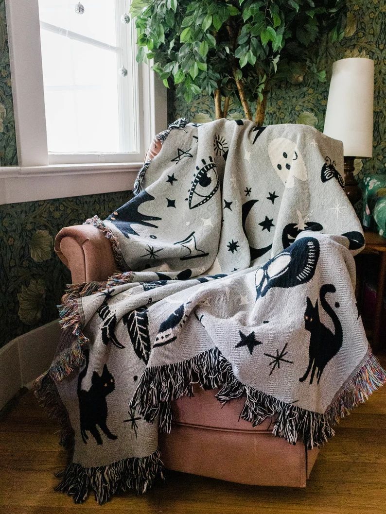 Halloween Woven Throw Blanket: Black & Grey Cute Kawaii - Etsy Canada | Etsy (CAD)