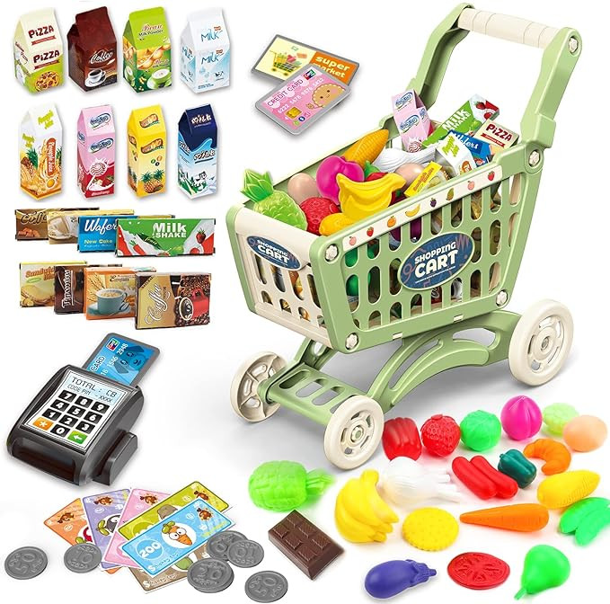 deAO Kids Shopping Cart Trolley for Groceries Toddlers 65 Food Fruit Vegetables Pretend Play Food... | Amazon (US)