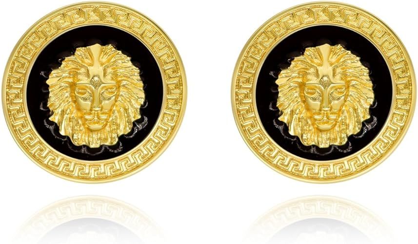 Statement Black Gold Lion Head Carved Ear Stud Earrings,Animal Theme Disc Round Circle Earrings,L... | Amazon (US)