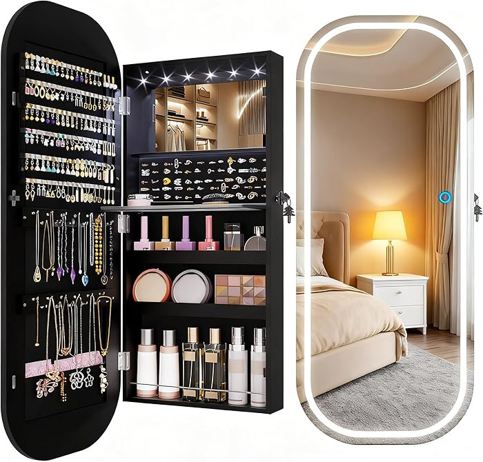 LVSOMT LED Mirror Jewelry Cabinet, Wall/Door Mount Jewelry Mirror Organizer, Rounded Full Length ... | Amazon (US)